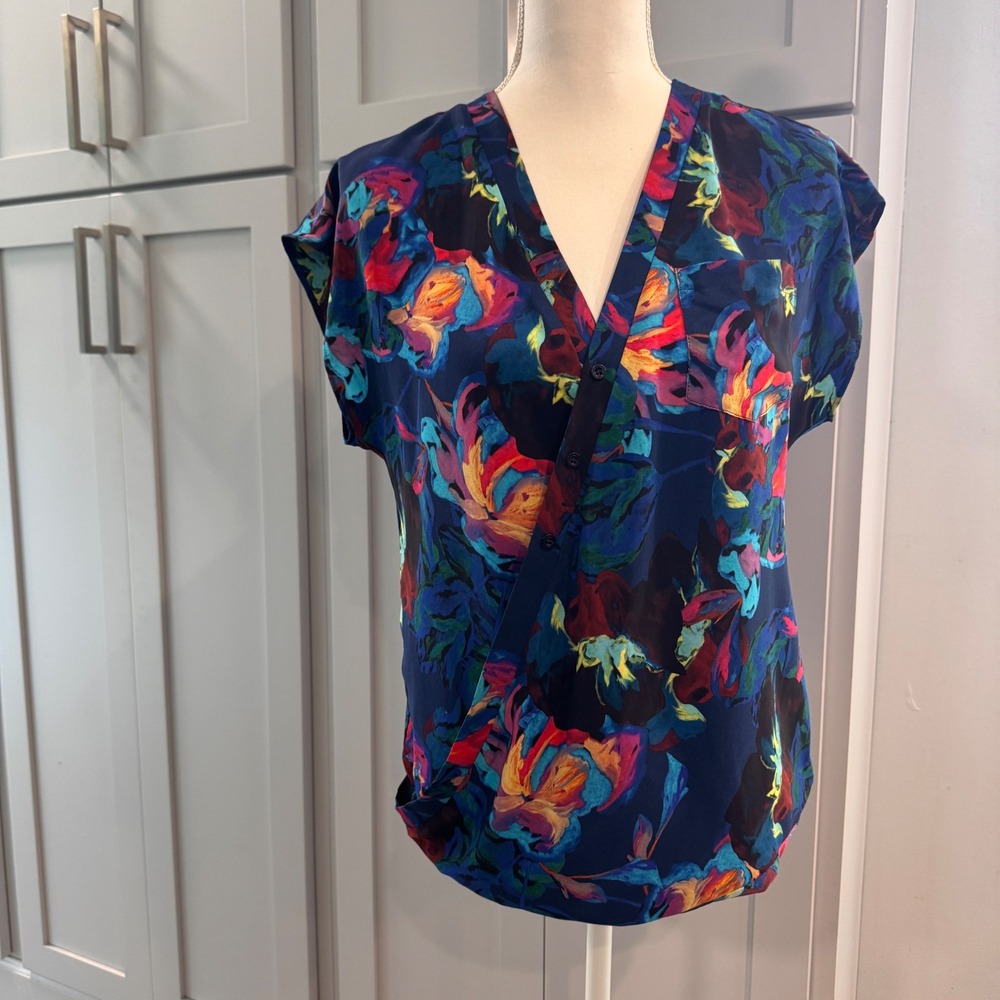 Amanda Uprichard Silk Floral Wrap Blouse Navy Blue Multi Color Artsy Small